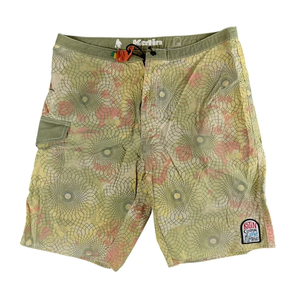 Katin‎ Mens Board Shorts Size 30 Green Orange Mandala Geometric Surf Trunks